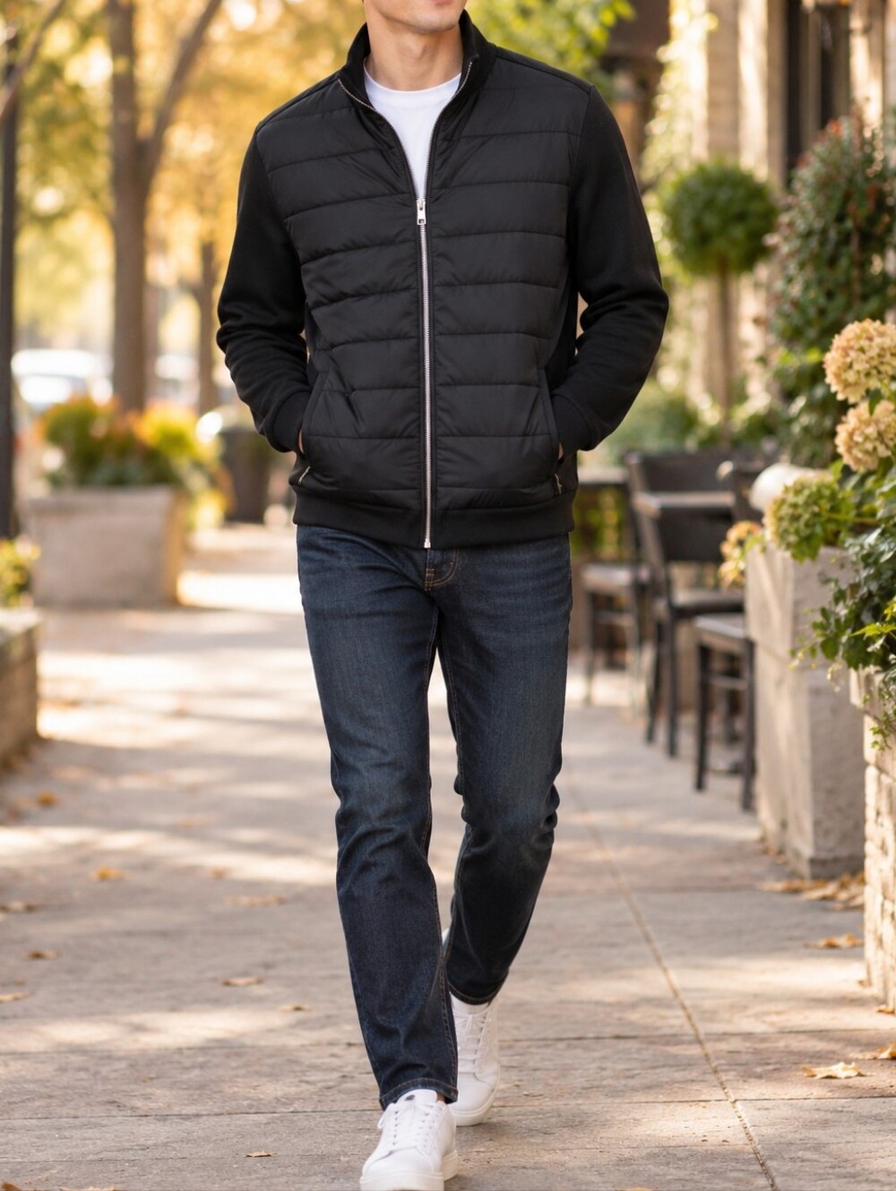 Jack & Jones Men’s Black Quilted Full Zip Hybrid Jacket Cotton Blend